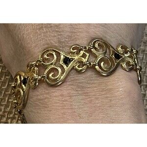 Art Deco Style Gold Tone Black Glass Bracelet Hinged